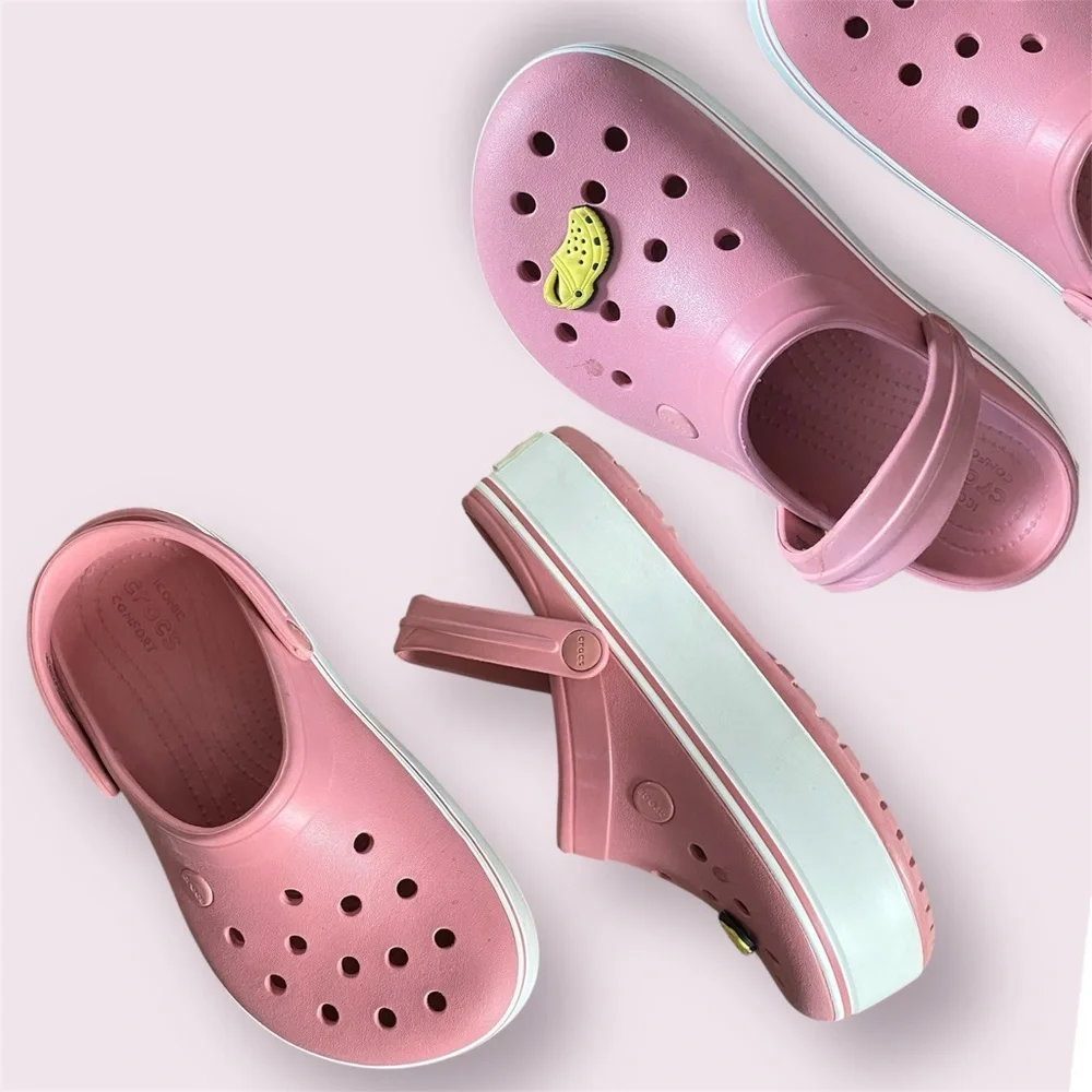 CROCS Women’s Pink White Clogs Crocband Comfort Platform Jibbitz Charm Sandals 7